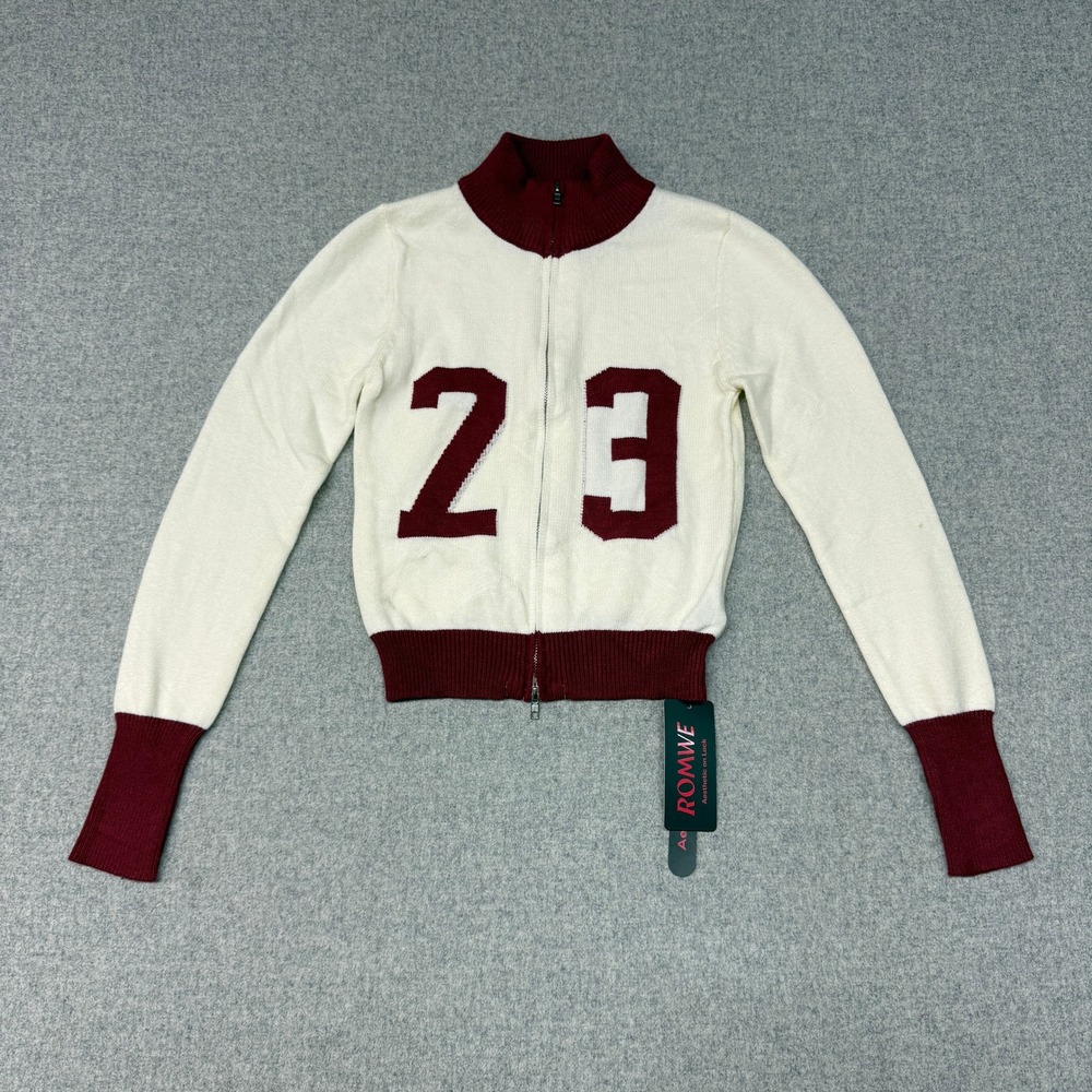 Romwe Varsity Full Zip Graphic Sweater Size Small Cream Burgundy Mock Neck 23